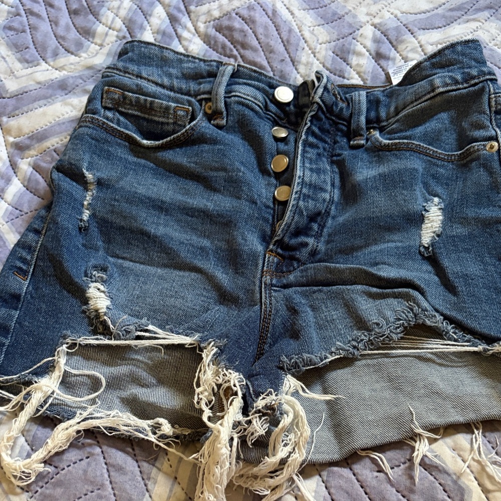Good American Distressed Dark Blue High-Rise Denim Shorts